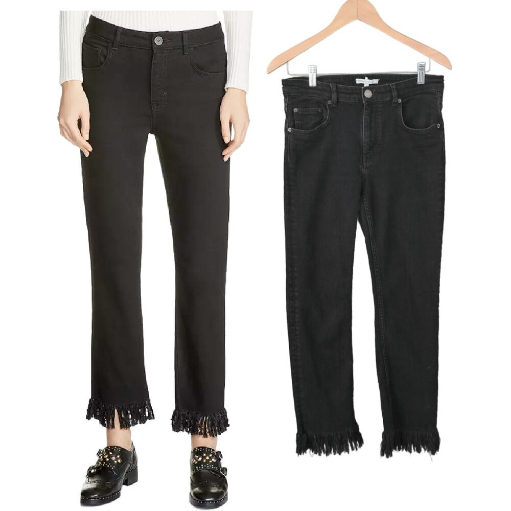 MAJE Black Panako Cropped Fringed-Hem Jeans Size 40 | 8 Slim Straight